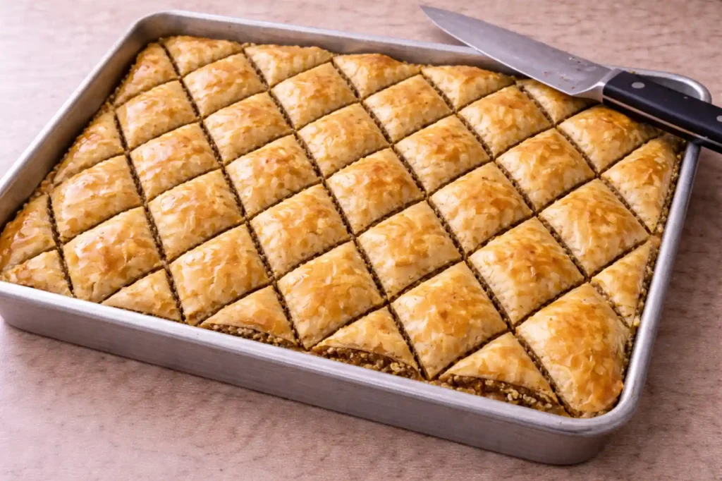 Baklava cut into diamonds before baking