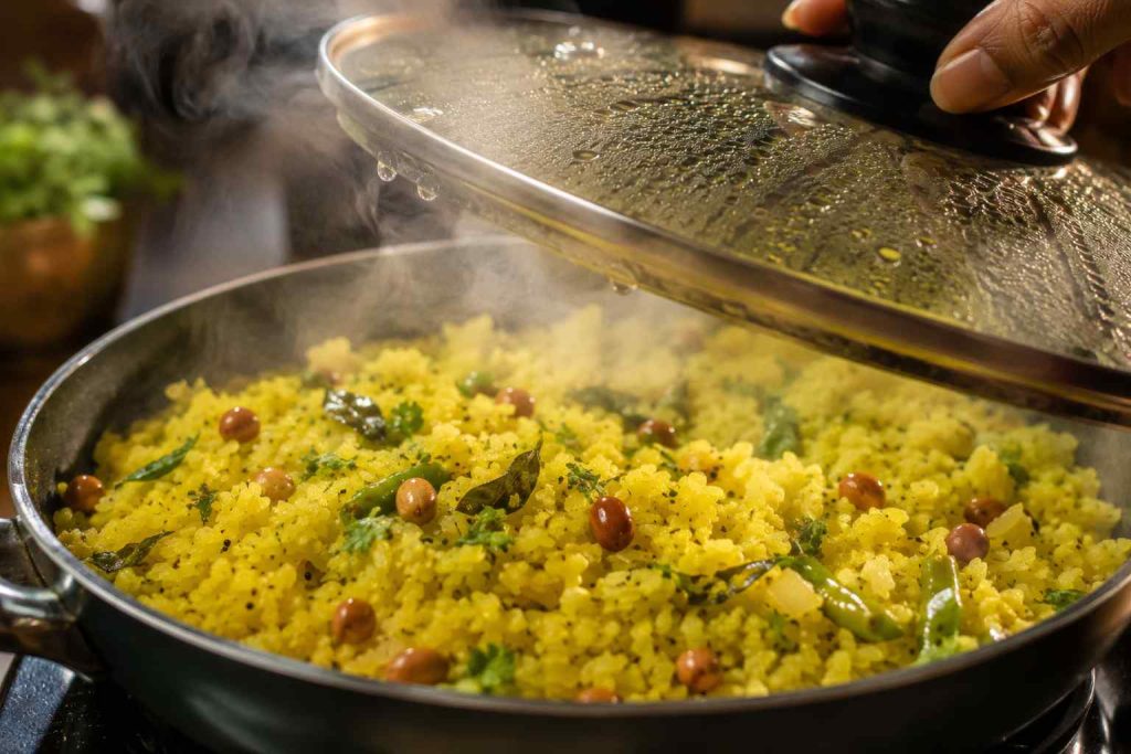 Freshly cooked poha steaming in a pan before serving.