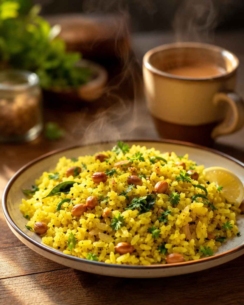 Hot homemade poha served on a plate with roasted peanuts, curry leaves, coriander, lemon wedge, and a cup of tea in the background.
