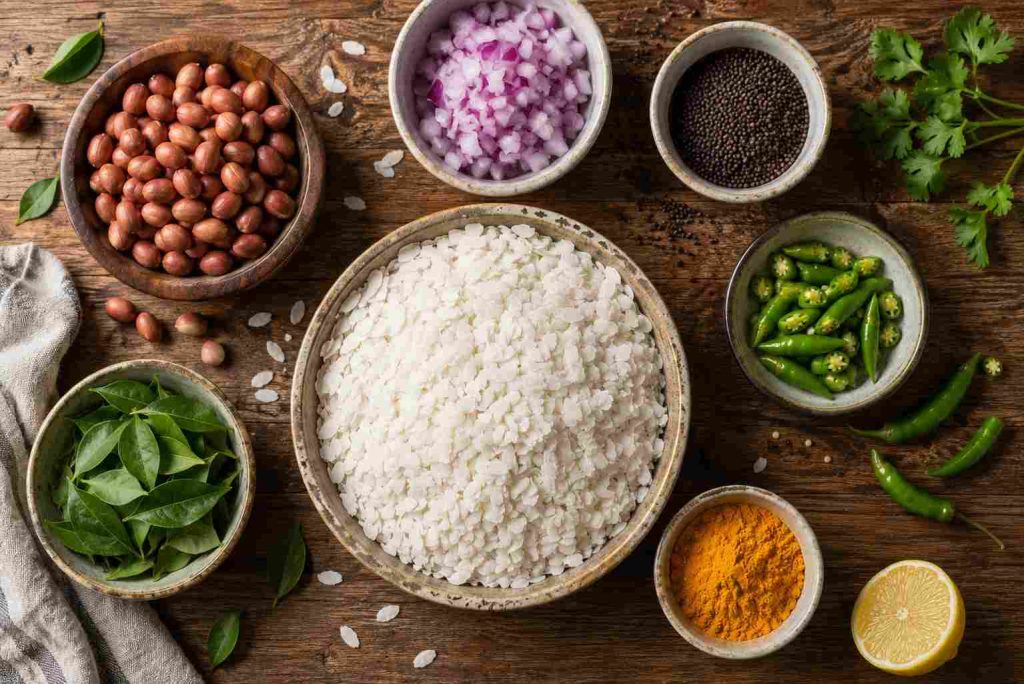 Raw ingredients for Indian poha recipe arranged on a wooden table.