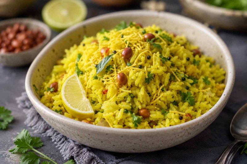 Traditional Indian Kanda Poha served in a ceramic bowl, garnished with peanuts, sev, fresh coriander, curry leaves, and a lemon wedge, photographed in natural light.